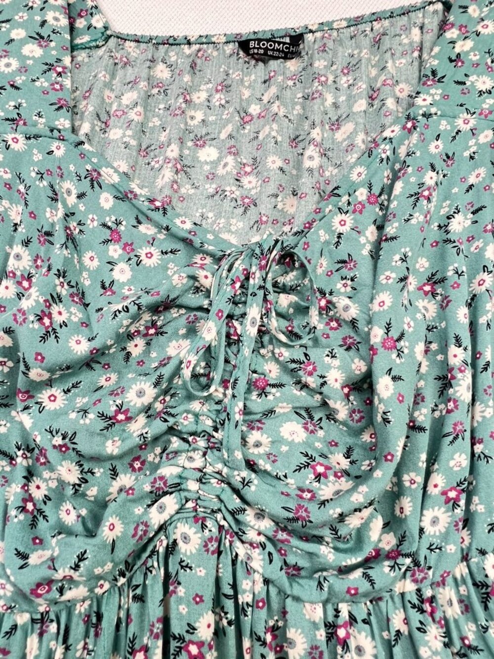 Womens Cottagecore Drawstring Maxi Dress Flutter Sleeve 18-20 Green Blue Floral - Picture 11 of 15